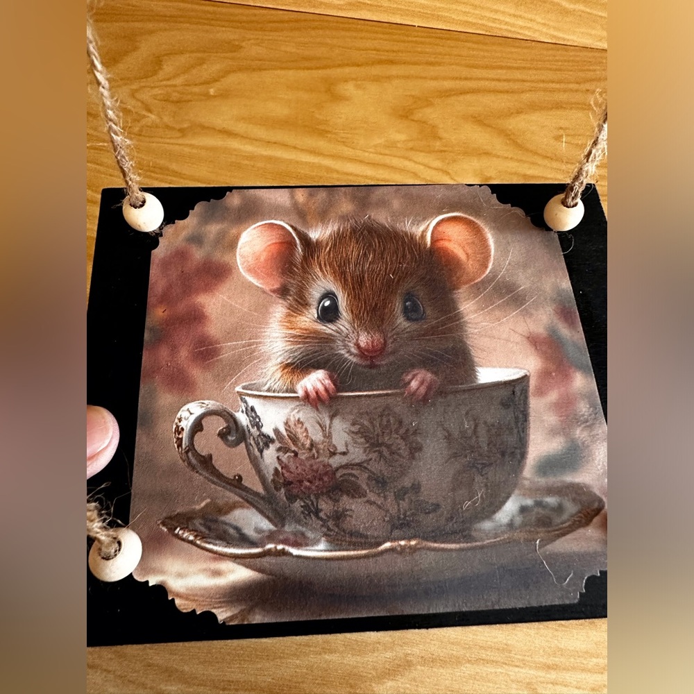 Hand crafted hanging floating shelf with mouse in teacup rustic rope wall shelf